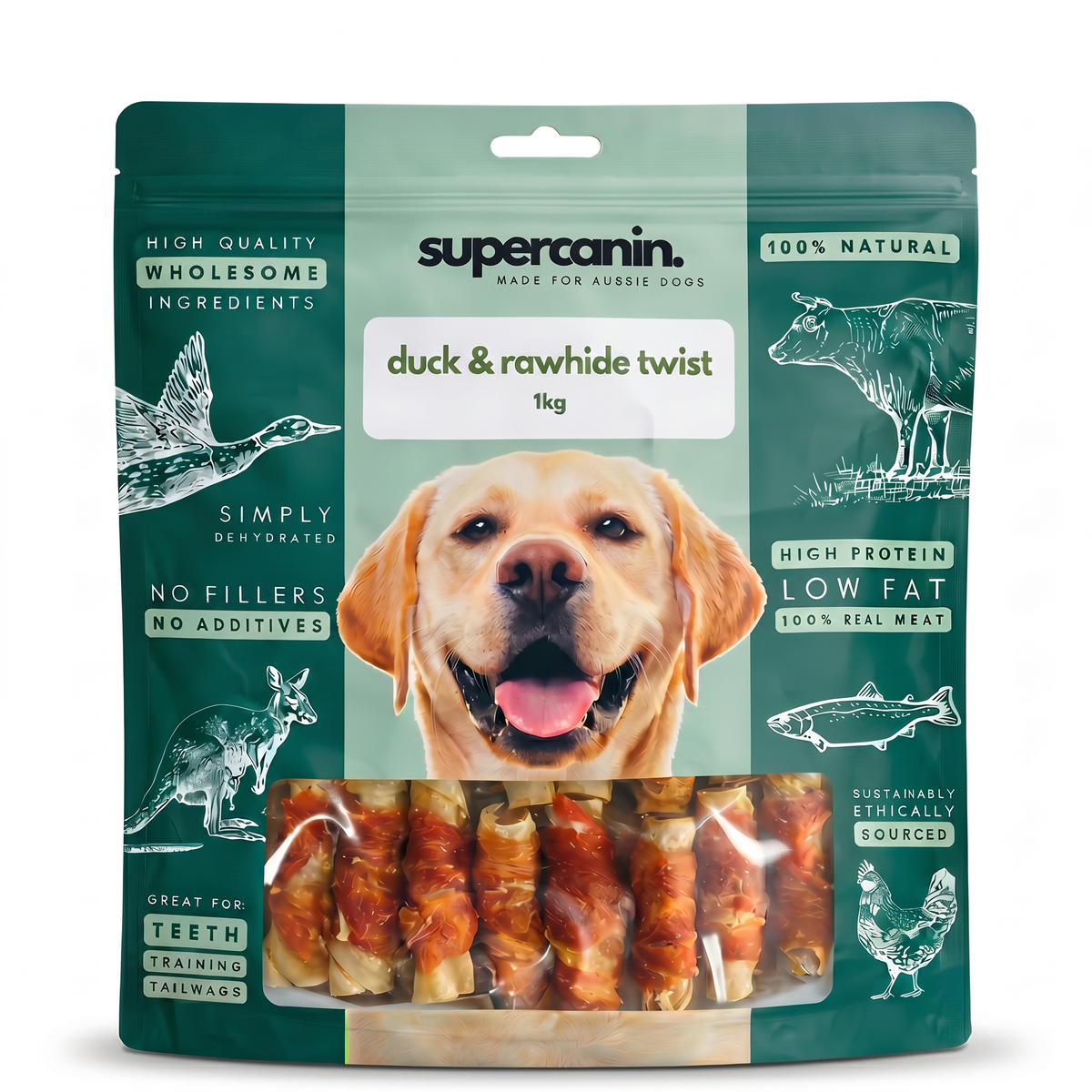 Supercanin duck jerky wrapped rawhide twist dog chews, 1kg