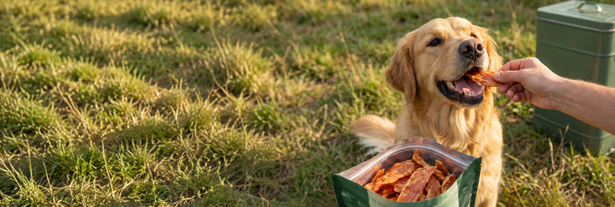 A golden retriever being hand-fed a piece of Supercanin air-dried jerky in a sunlit paddock, beside an open pack
