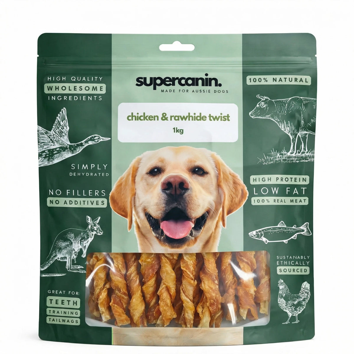 Supercanin chicken and rawhide twist dog treat 1kg pouch with golden retriever