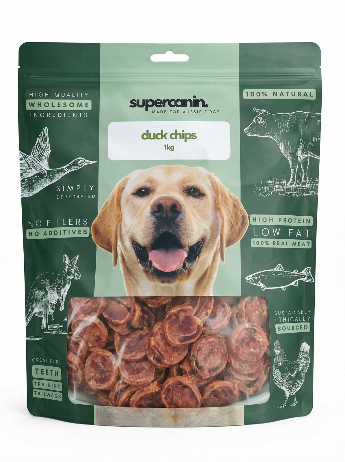 Supercanin round duck jerky chips for dogs, 1kg